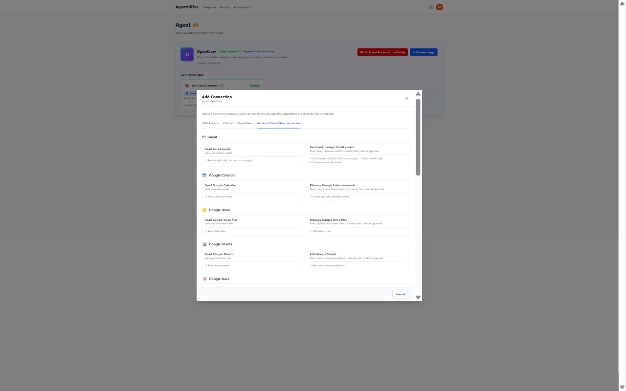 Add Connection dialog — select a provider and access level