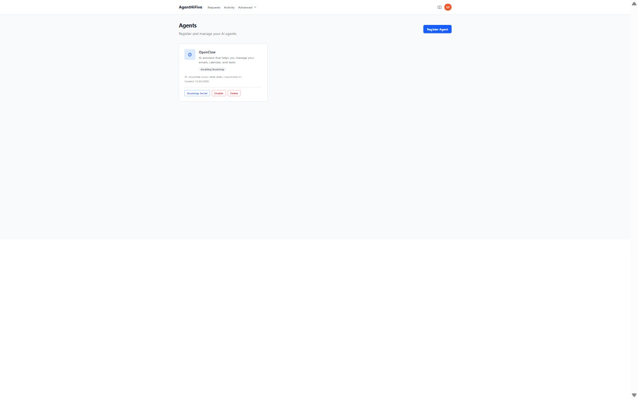 Agents page — register agents and manage bootstrap secrets
