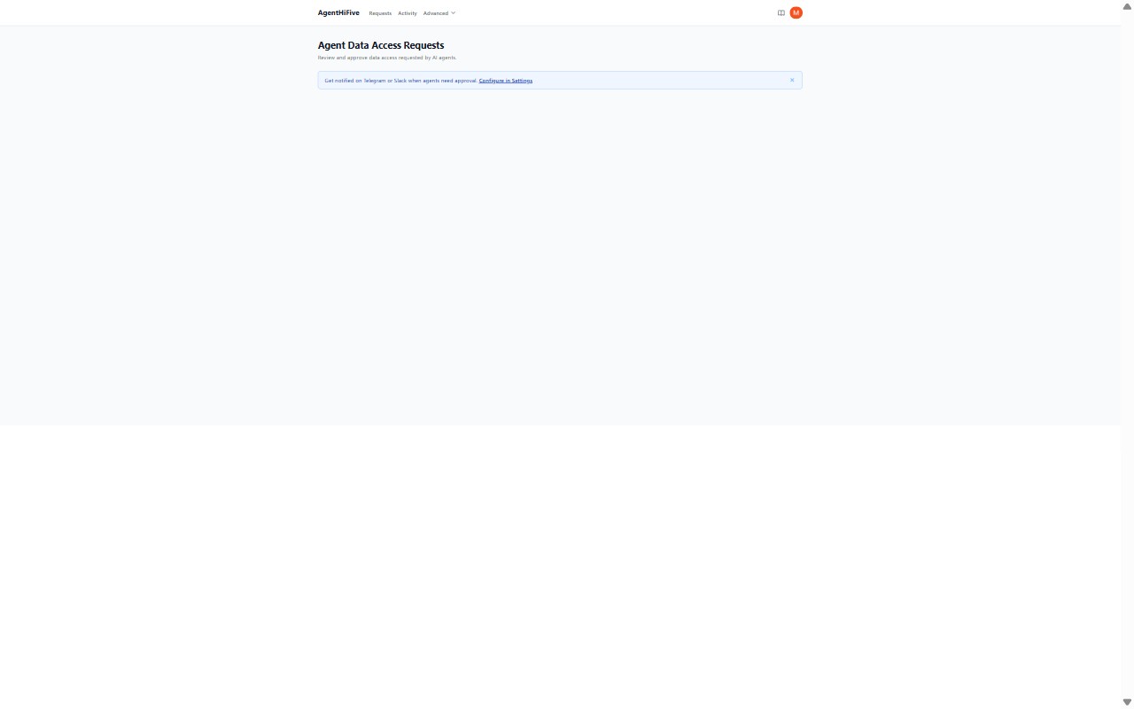 Approvals page — review and approve agent data access requests
