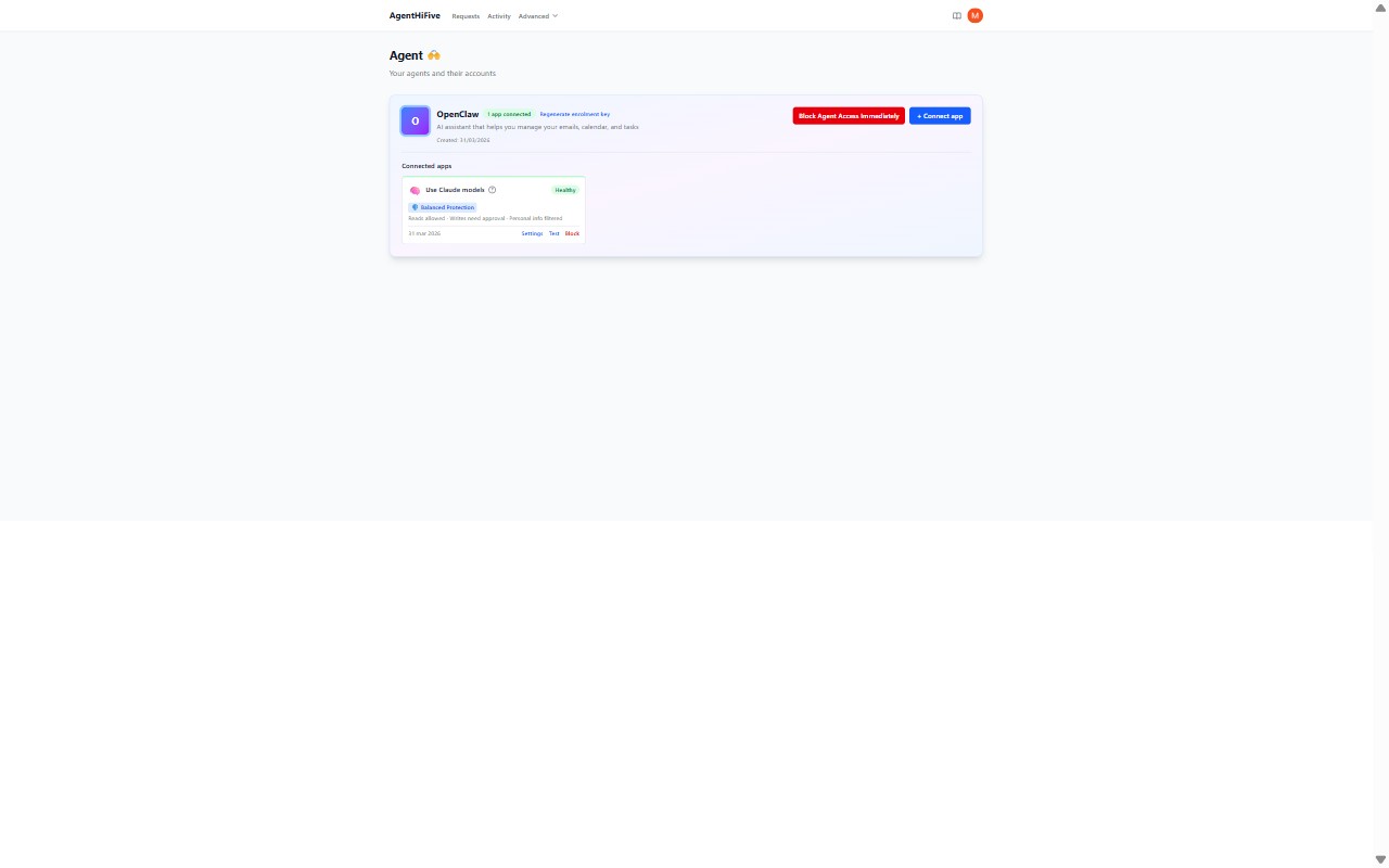 The AgentHiFive dashboard showing your agents and connected apps
